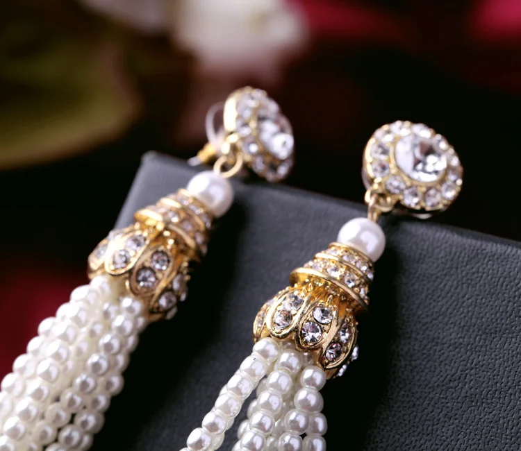 Elegant Pearl Drop Earring Gold &amp Silver Color Diamante Tassel Beaded Wedding Long Fashion Women Jewelry | Украшения и