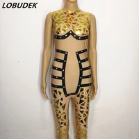 sexy female dj costume golden jumpsuit zentai nightclub ds crystals rompers singer dancer party star performance stage wears