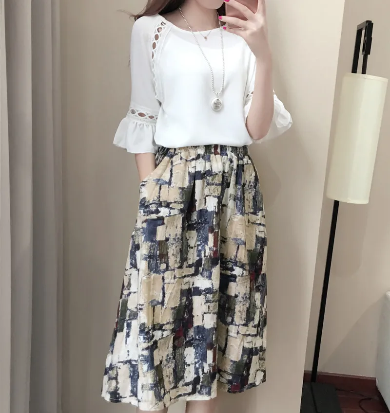 2018 ladies new temperament fashion chiffon shirt T-shirt cropped sleeves clothes + elegant casual print skirt two-piece | Женская