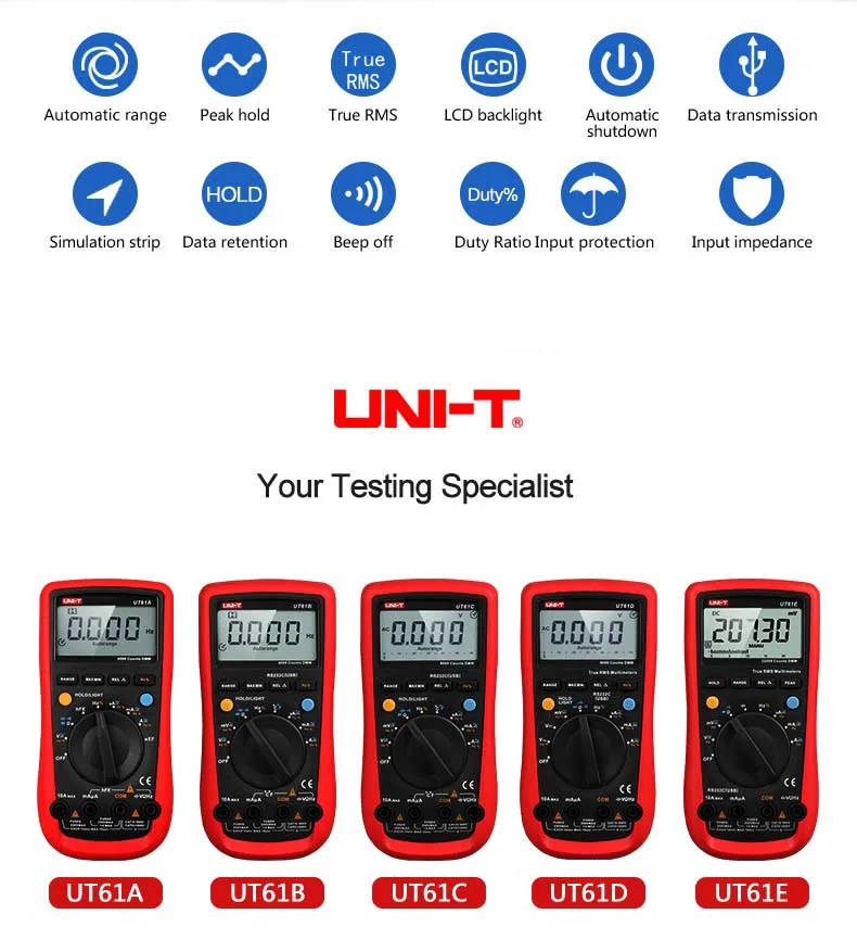 UNI-T True RMS цифровой мультиметр UT61A UT61B UT61C UT61D UT61E UNI T AC DC Multimetros Конденсатор Транзистор тестер пика данных