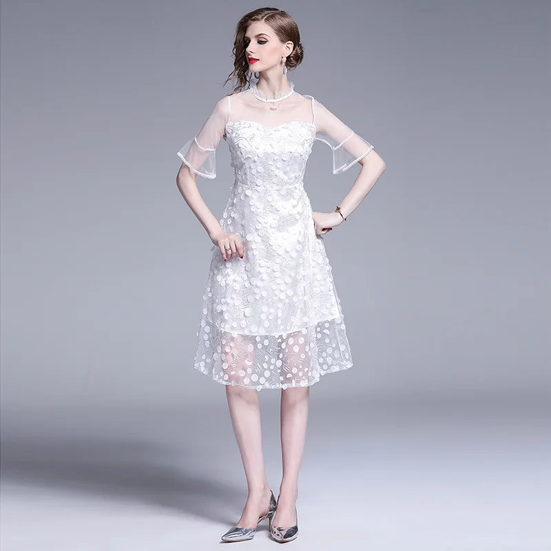 New Cute Women dress Embroidery Mesh Three-dimensional Flower Fairy Tenderness Dresses White 7387 | Женская одежда