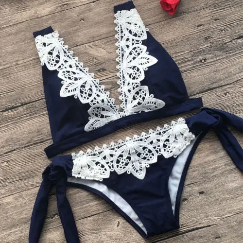 Сексуальный женский комплект бикини с кружевом бандажный купальник пуш-ап