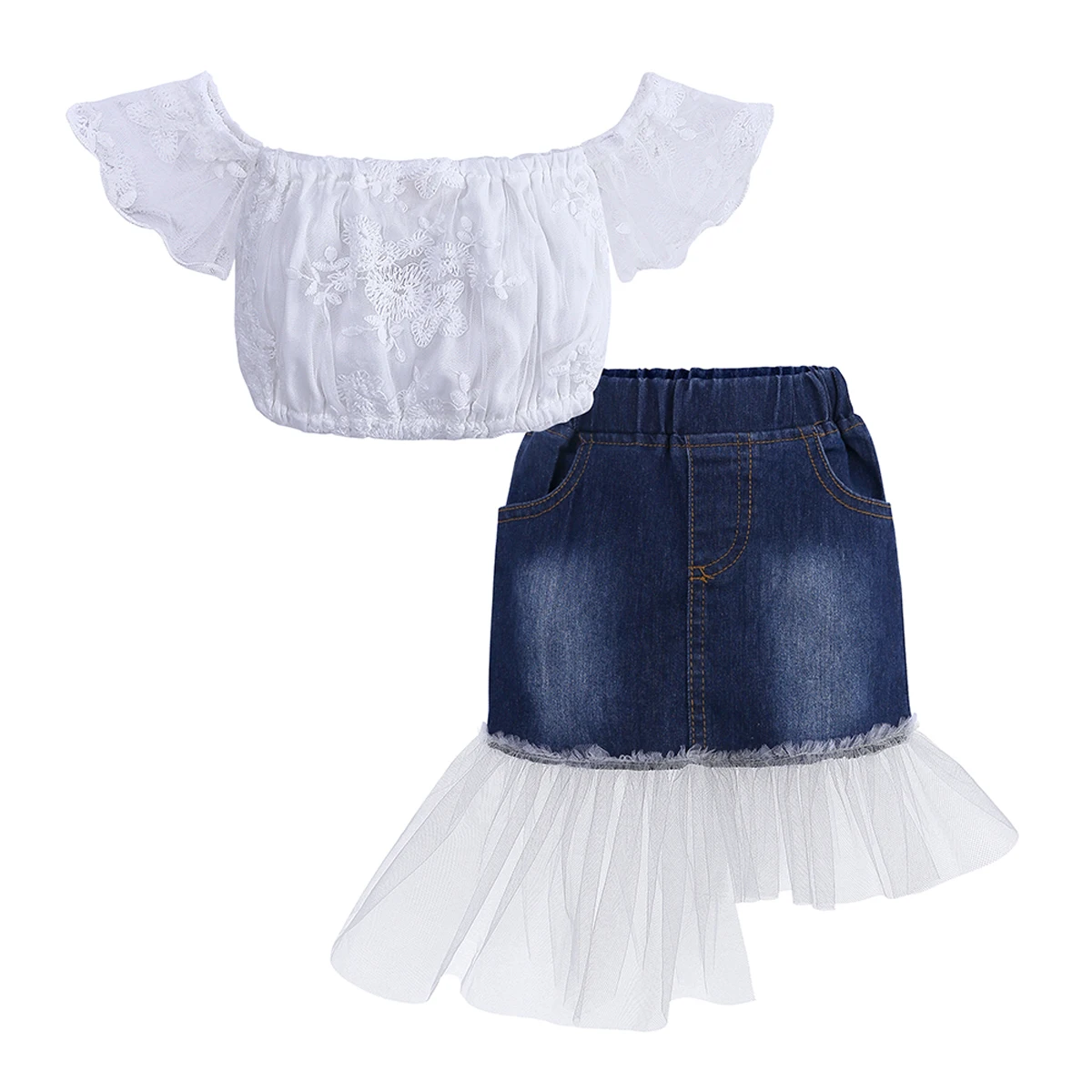 Фото Комплекты одежды для маленьких девочек кружевная рубашка с открытыми плечами