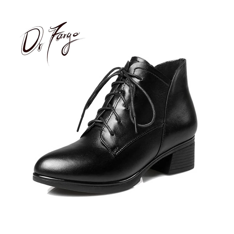 

DRFARGO Genuine Leather Shoes Women Lace up Med Square High Heel Warm Winter Spring Ankle Boots size 35-42 Femme Chaussure 0726