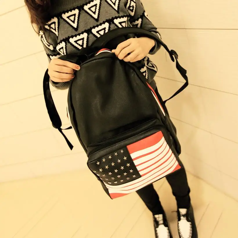 National flag bag fashion PU student school rivet backpack women's handbag preppy style |