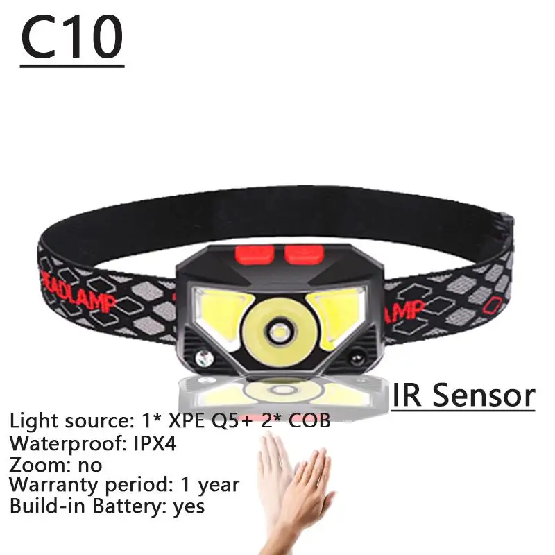 C10 IR Sensor Светодиодный мини-налобный фонарь с ИК-датчиком, перезаряжаемая USB фара T6 L2 с зумом, водонепроницаемый 18650 аккумулятор, Сверхлегкий маленький налобный фонарь, фонарик - Испускаемый цвет: C10 IR Sensor