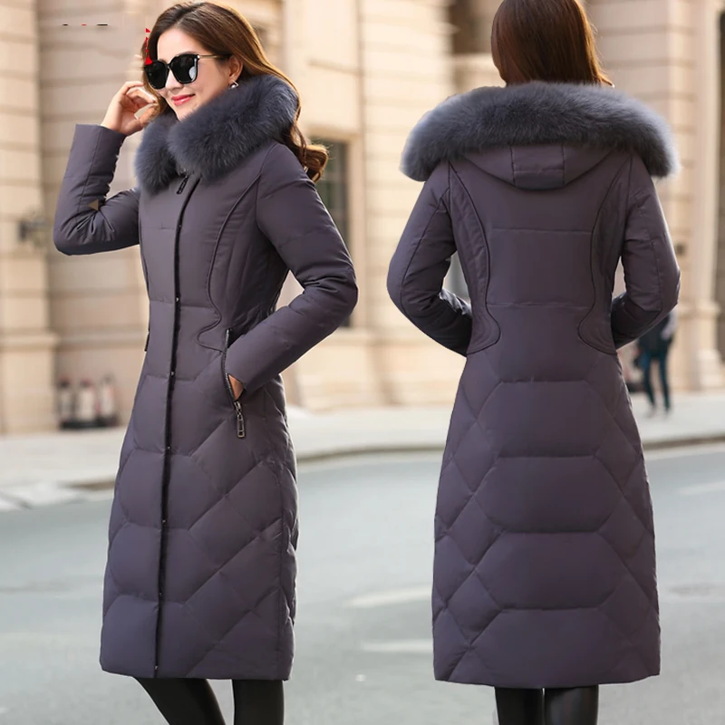 90% белый утиный пух меховой воротник длинный женский пуховик зимние теплые парки