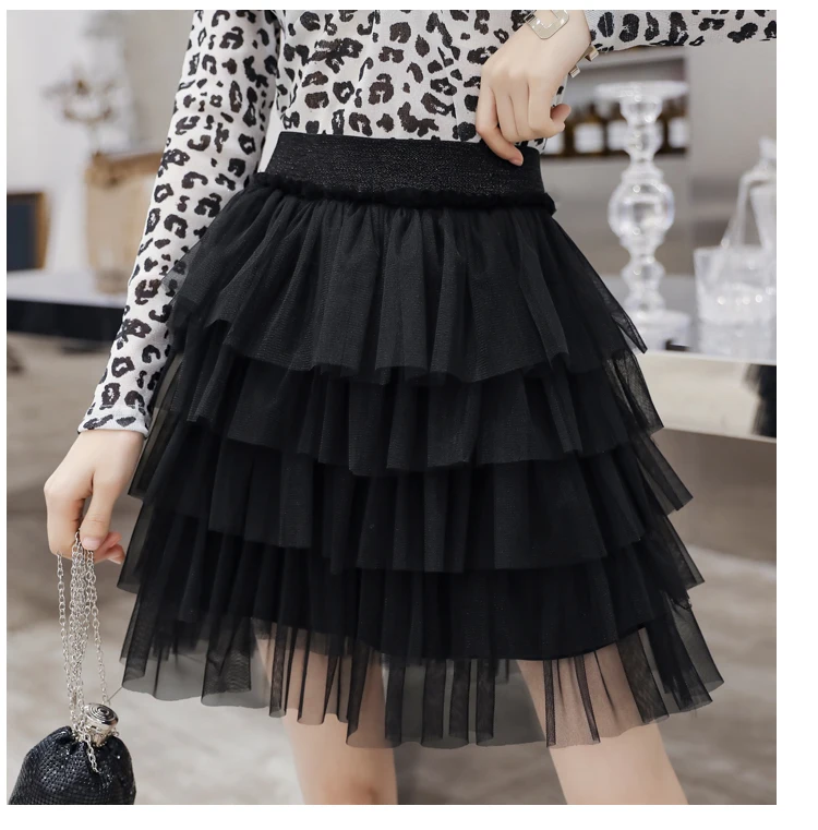 Черный Кружевные юбки для женщин летние Jupe женские юбки Mujer Moda с высокой талией, повседневная Милая уличная Женская мини-юбка из тюля с рюшами - Цвет: Черный