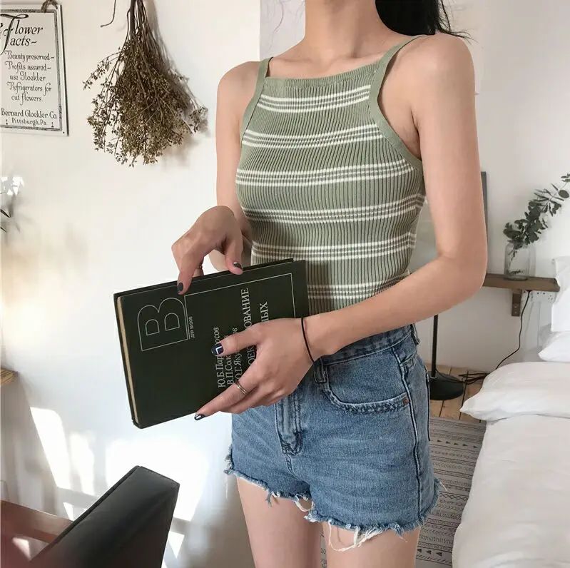 green stripe Вязанные полосатые топы, женские трикотажные топы, эластичная укороченная майка без рукавов, тонкие короткие футболки для женщин, лето - Цвет: green stripe