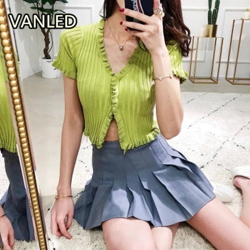 Vintage Stripe Knitting V-neck Sweater Thin Women Single Breasted Short Sleeve Slim Cardigan |