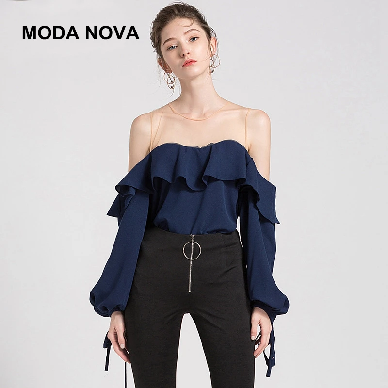 MODA NOVA дизайнер Шифоновая блузка Для женщин пикантные с открытыми плечами Тюль