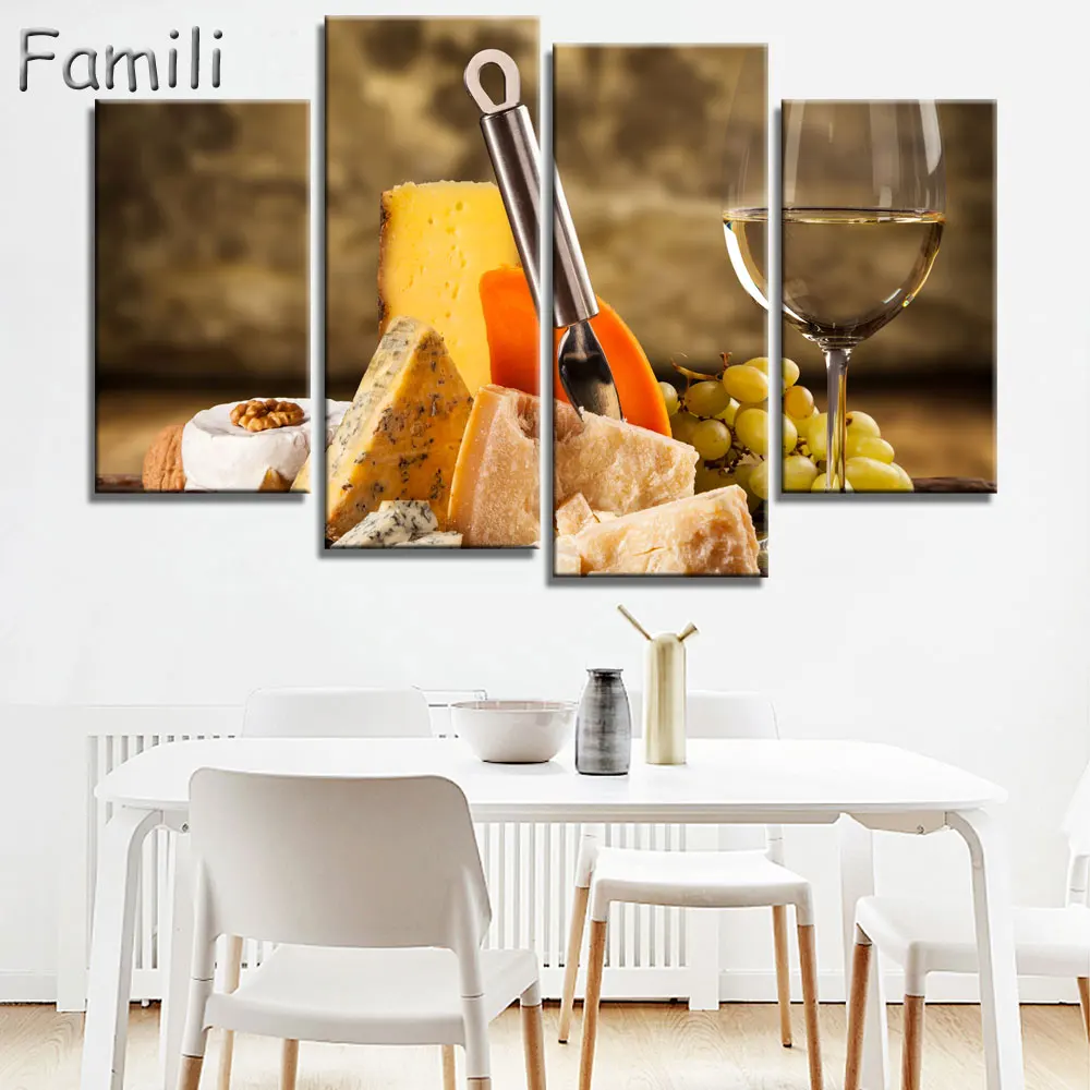 

4PCS Grape Wine In Bottle Cups Wall Art Painting Pictures Print On Canvas Food The Picture For Home Modern Decoration