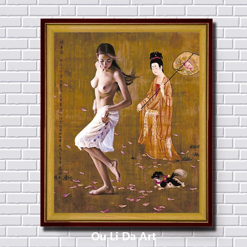 Китайские фигурки классическая девушка Обнаженная искусство собака Масляные