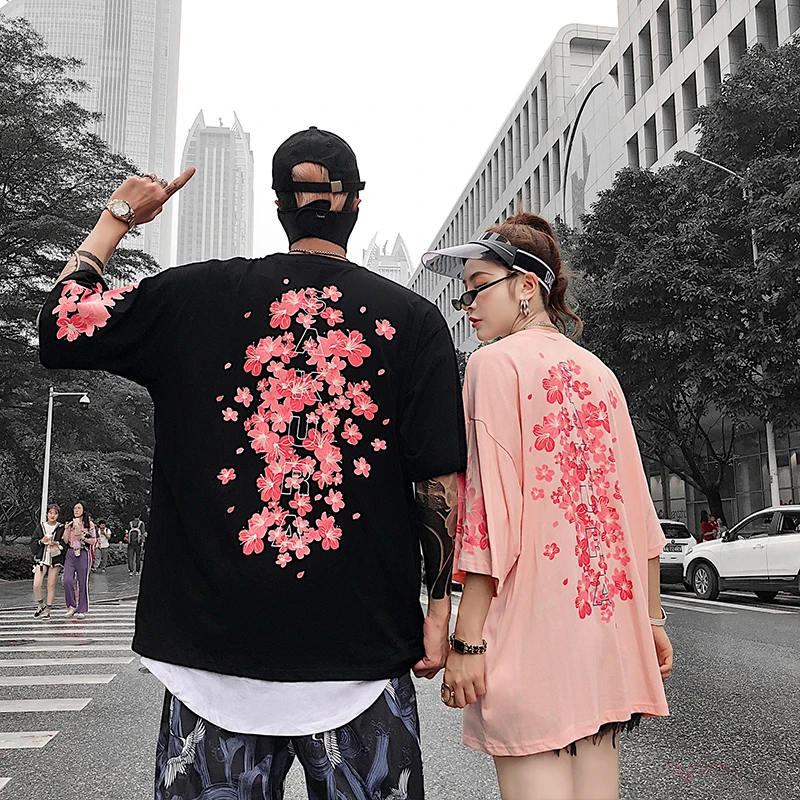 Японский уличный Harajuku уличная розовая вишневая Футболка мужская модная футболка Мужская парная хлопковая футболка хип-хоп Футболка
