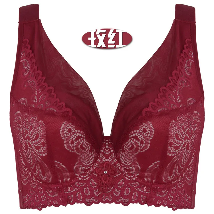 Rose Red Женский сексуальный кружевной жилет, красный бюстгальтер размера плюс, бюстгальтер без косточек, тонкий бюстгальтер с 5 крючками, бюстгальтер с пуш-ап 50DEF - Цвет: Rose Red