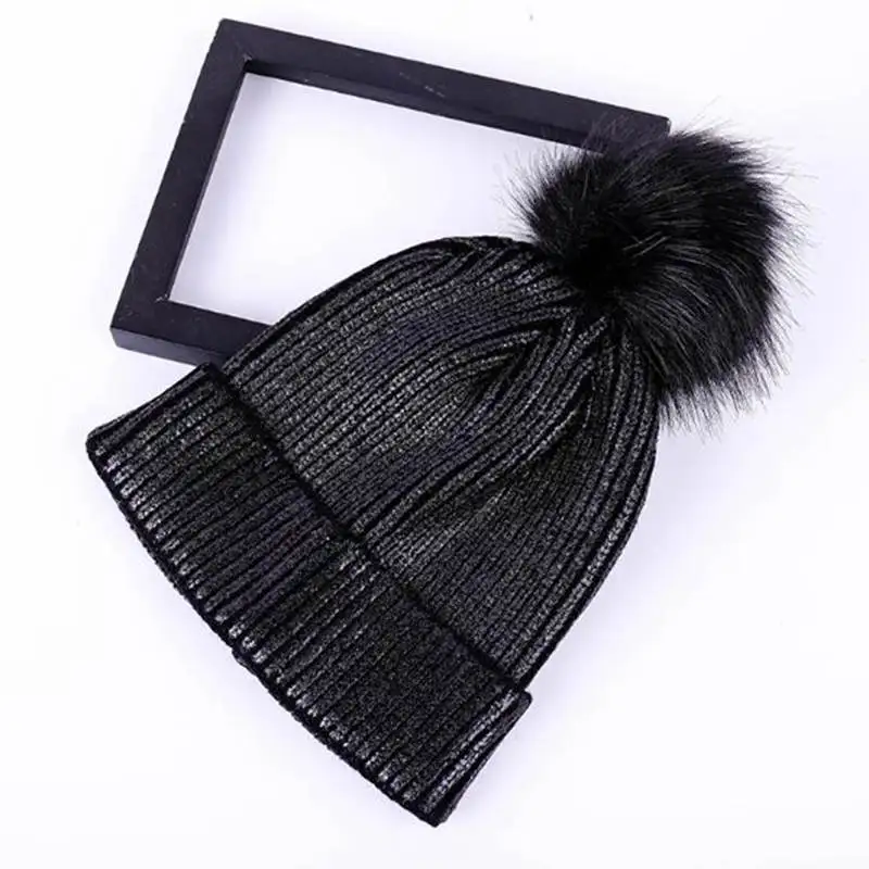 Knitted Bronzing Gold Silver Beanie Cap Pompom Winter Hats For Women Fur Pom Pom Ball Hat Ladies Girls Warm Skullies Beanies