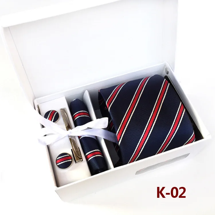 Luxury 8cm Plaid Polka Dot Flower Floral Necktie Pocket Square Cufflinks Tie Clip Set Gift Box Packing Gravata Wedding Party Tie