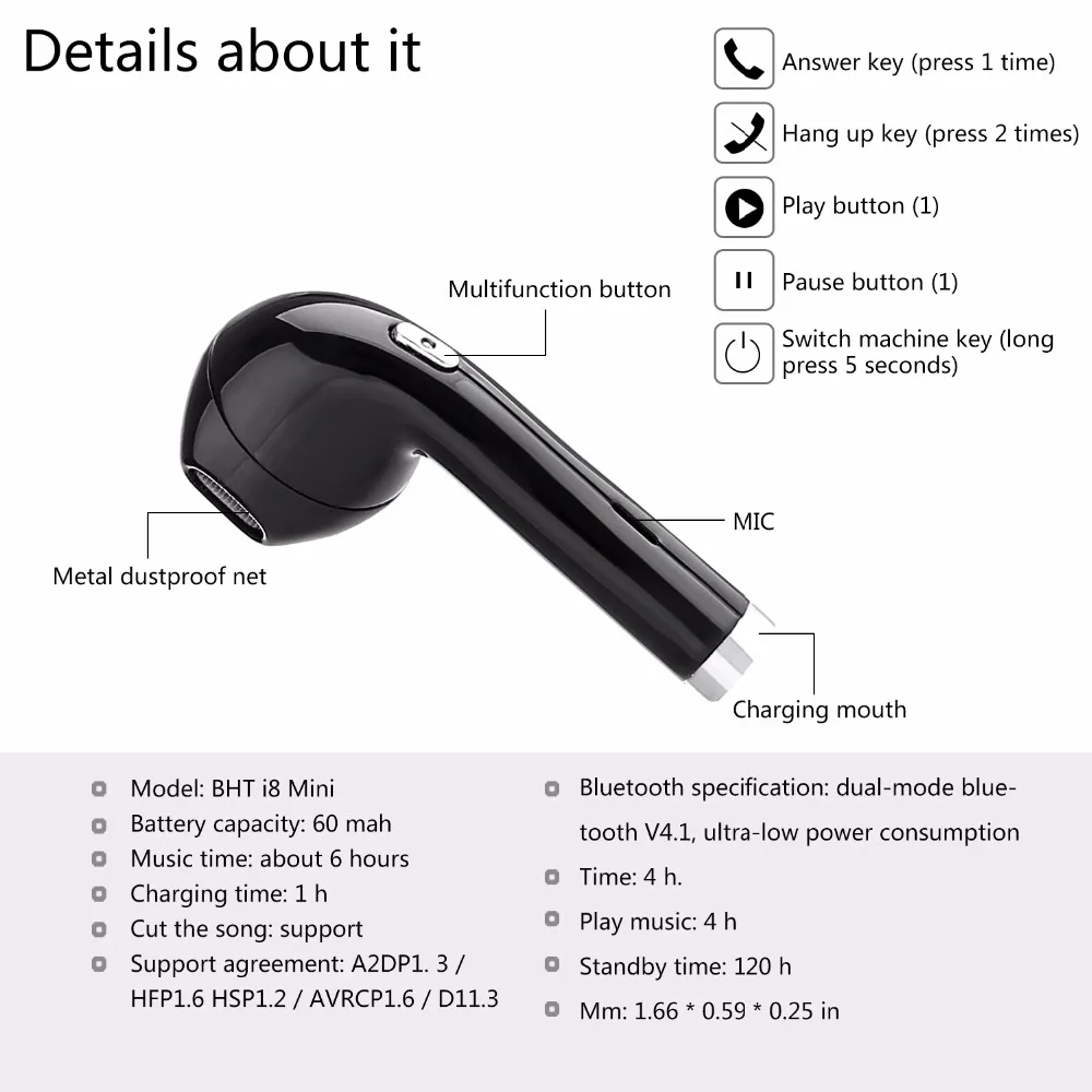 I8 Мини беспроводные мини наушники вкладыши Bluetooth 4 2 двухсторонние стерео