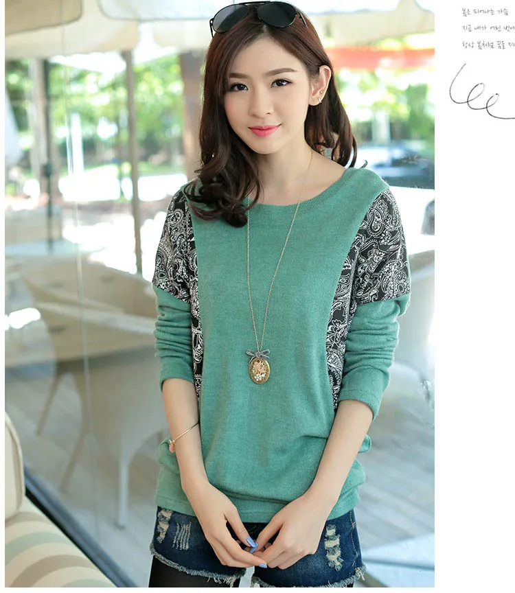 2016 новый Большой размер футболки зиму Batwing трикотажные женщины печать свободного