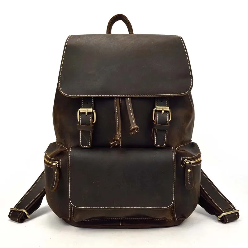 Dark brown Мужской винтажный кожаный рюкзак crazy horse, унисекс, коровья кожа, 14 дюймов, рюкзак для ноутбука, женский, толстый, настоящая кожа, школьная, Повседневная сумка, SA-8 - Цвет: Dark brown