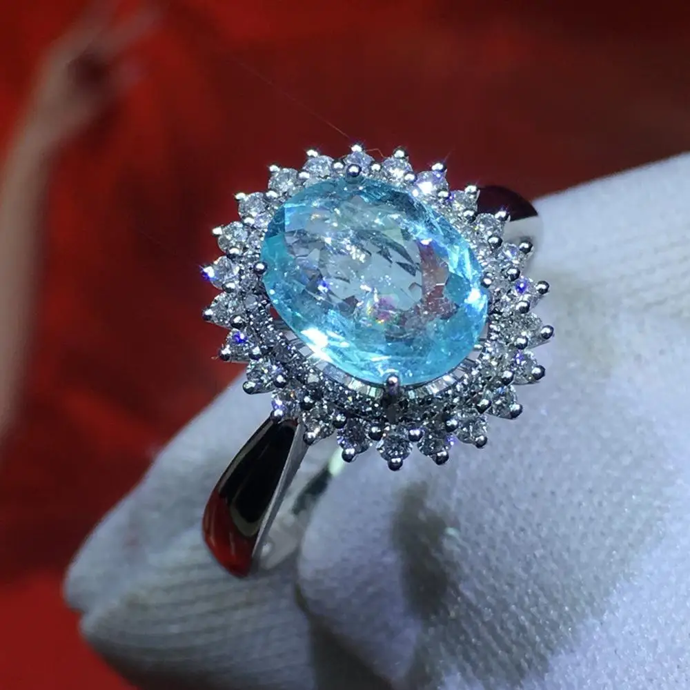 Параиба турмалиновое кольцо 1.24ct чистое 18 К золото натуральный Параиба Турмалин драгоценные камни Бриллианты Женские кольца для женщин тонкое кольцо