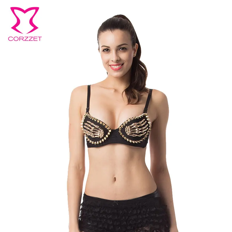 Gothic Gold Skeleton Hands Spike Bra Push Up Brassiere Underwear Women Punk Clubwear Rivet Studded Bras Bralette Sexy Lingerie | Женская