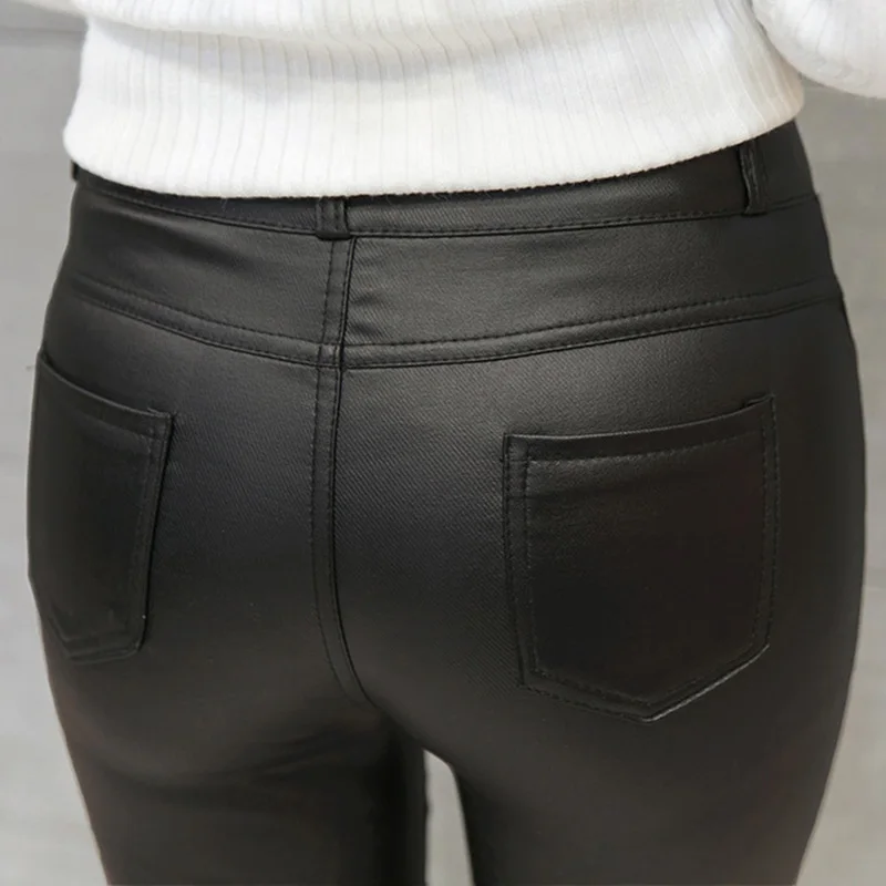 Women Autumn Winter Leather Pants Fashion Black Elastic Push Up Ankle-Length Leggings High Waist PU Skinny Pencil Trousers | Женская