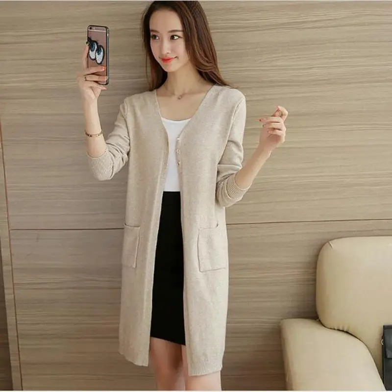 Long Cardigan Female Knitted Sweaters Cardigans Women Sleeve jersey Open Stitch Pockets jumper |