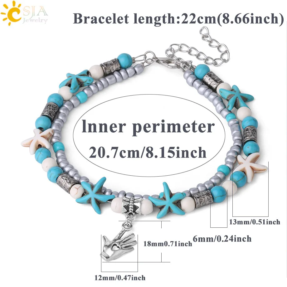 CSJA Trendy Anklets for Girlfriend Double Beaded Starfish Shell Heart Hand Charms Anklet Summer Foot Chain Jewelry Cheville F892 | Украшения