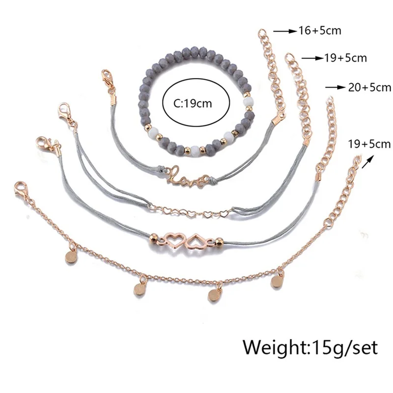 5 шт./компл. Женский изысканный браслет с сердечками и круглые бусины цепочка кожа