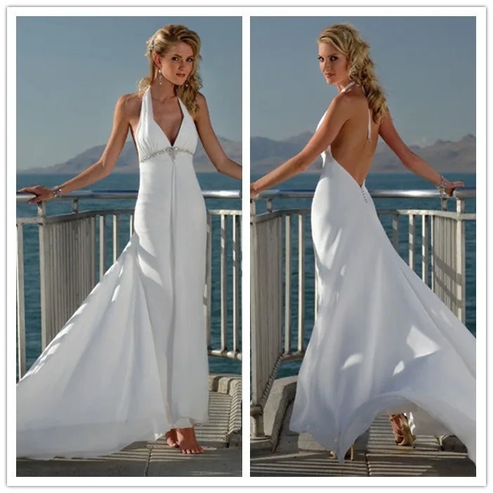 

vestido de noiva 2015 New Hot Sale Free Shipping Chiffon Backless V Neck Halter White / Ivory Beach Wedding Dresses # 1134