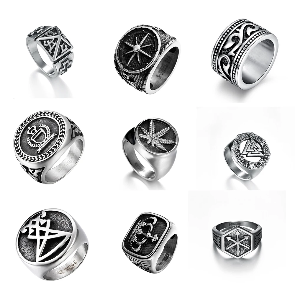 

Mens Boys Sigil of Lucifer Seal Satan Stainless Steel Ring For Crown Maple Leaf Cross Arrow Rings Men Hiphop/Rock Jewelry