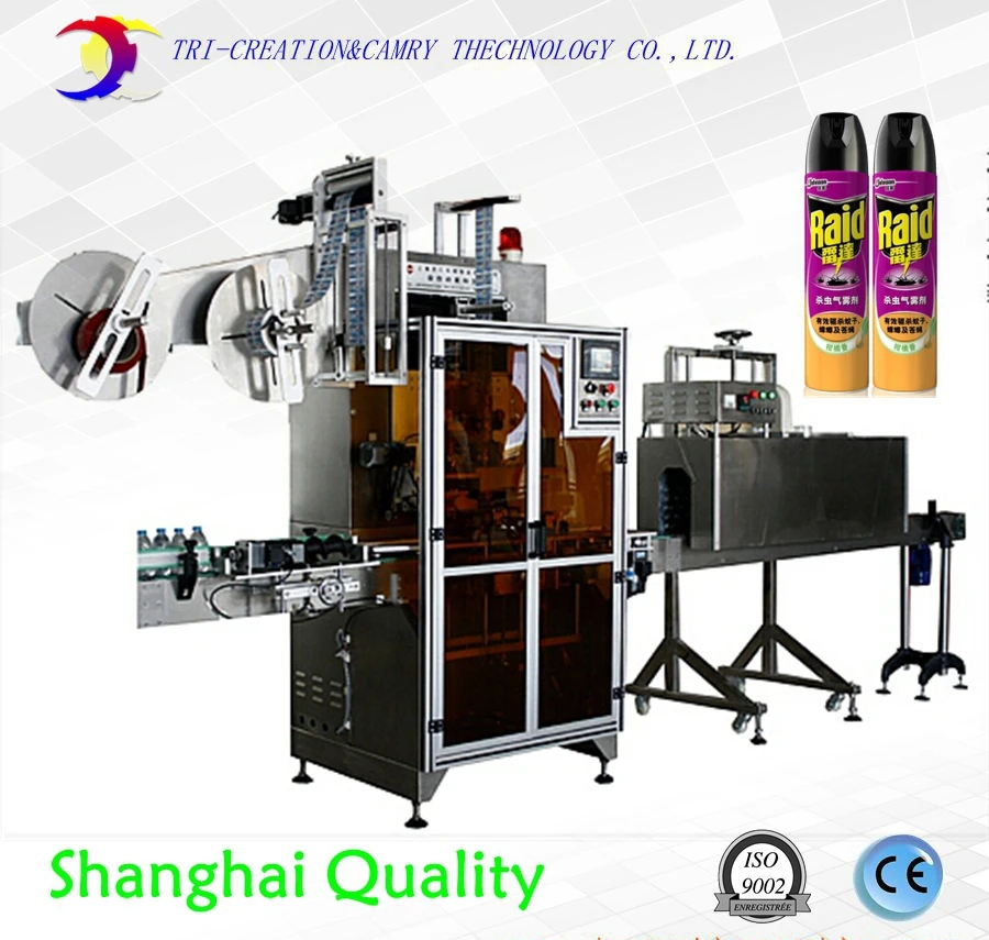 automatic bottle film shrinking machine line,metal glass bottle sleeve labeling machine line with electricity tunnel oven CE