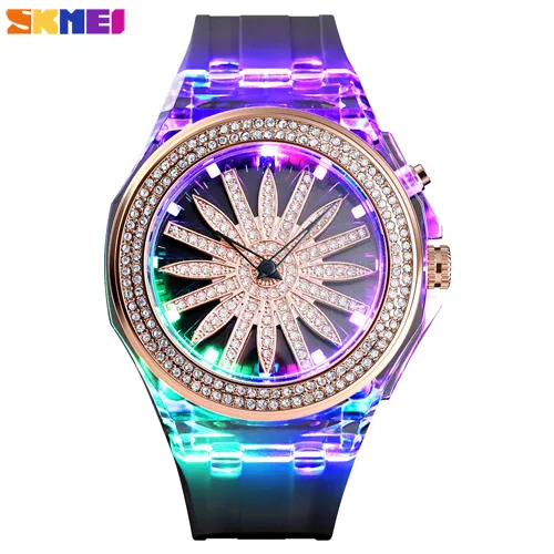 Black-Rose gold SKMEI креативные красочные кварцевые женские часы с цветочным циферблатом водонепроницаемый светодиодный задний часы с подсветкой женские наручные часы Relogio Feminino - Цвет: Black-Rose gold