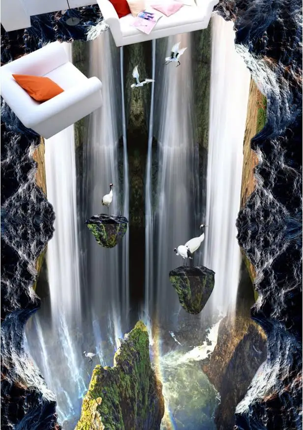 

Custom 3d floor painting waterfalls flooring wallpaper waterproof bathroom self-adhesive wallpaper