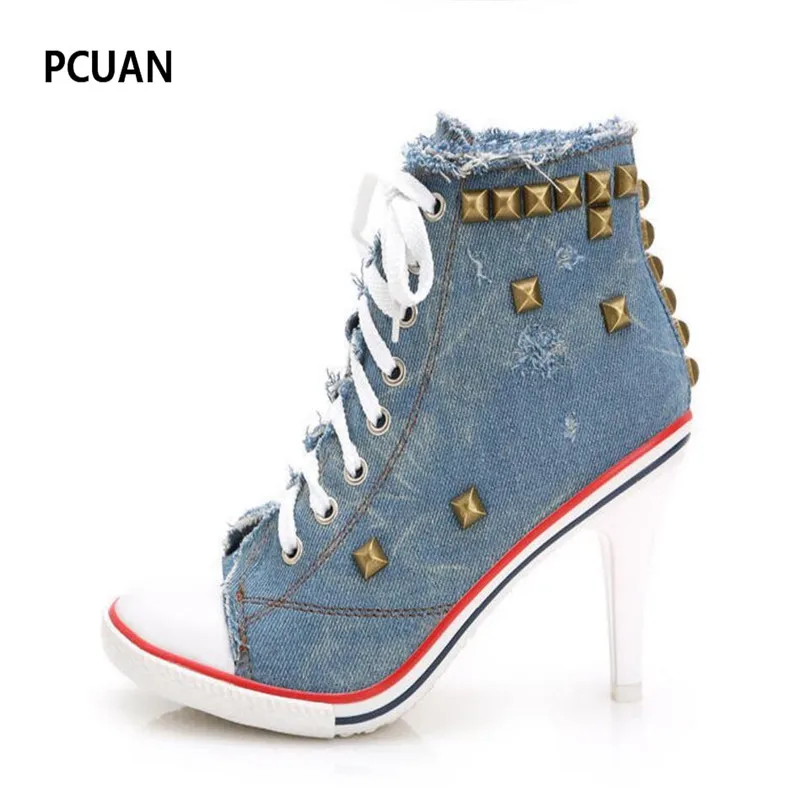 Новинка модная классическая женская обувь джинсовая на высоком каблуке с