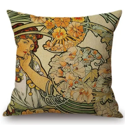 Vintage European Art Nouveau Mucha Gallery Decorative Sofa Pillow Cover Beautiful Beauty Girl Cotton Linen Luxury Cushion Cover