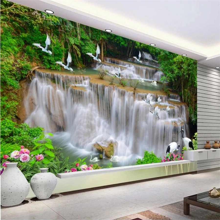 

wellyu Custom Wallpaper 3D Waterfall River Forest White Crane Living Room Bedroom Hotel TV Background Wall paper 3d mural обои