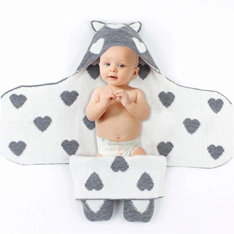 

Heart Design Newborn Baby Swaddle Stroller Wrap Knitting Infant Receiving Blanket & Swaddling Sleepsack For Baby 0-12M Gray Pink