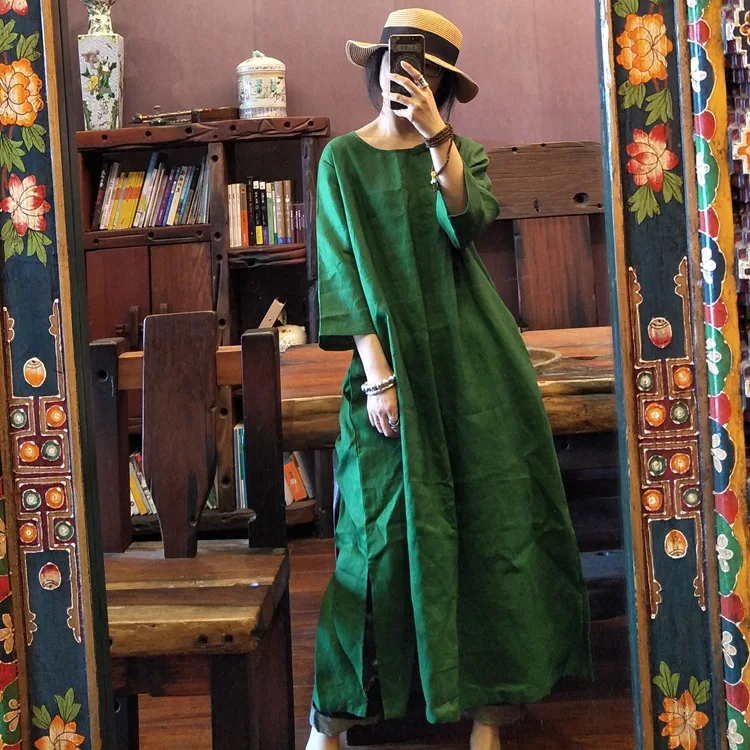 Johnature, женское льняное платье, одноцветное, на пуговицах, с круглым вырезом, с рукавом семь, лето, новое, винтажное, женское, свободное платье, высокое качество