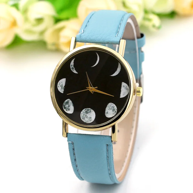 2018 Лидер продаж для женщин кожа часы Золотой корпус часов lunar eclipse дизайн личности