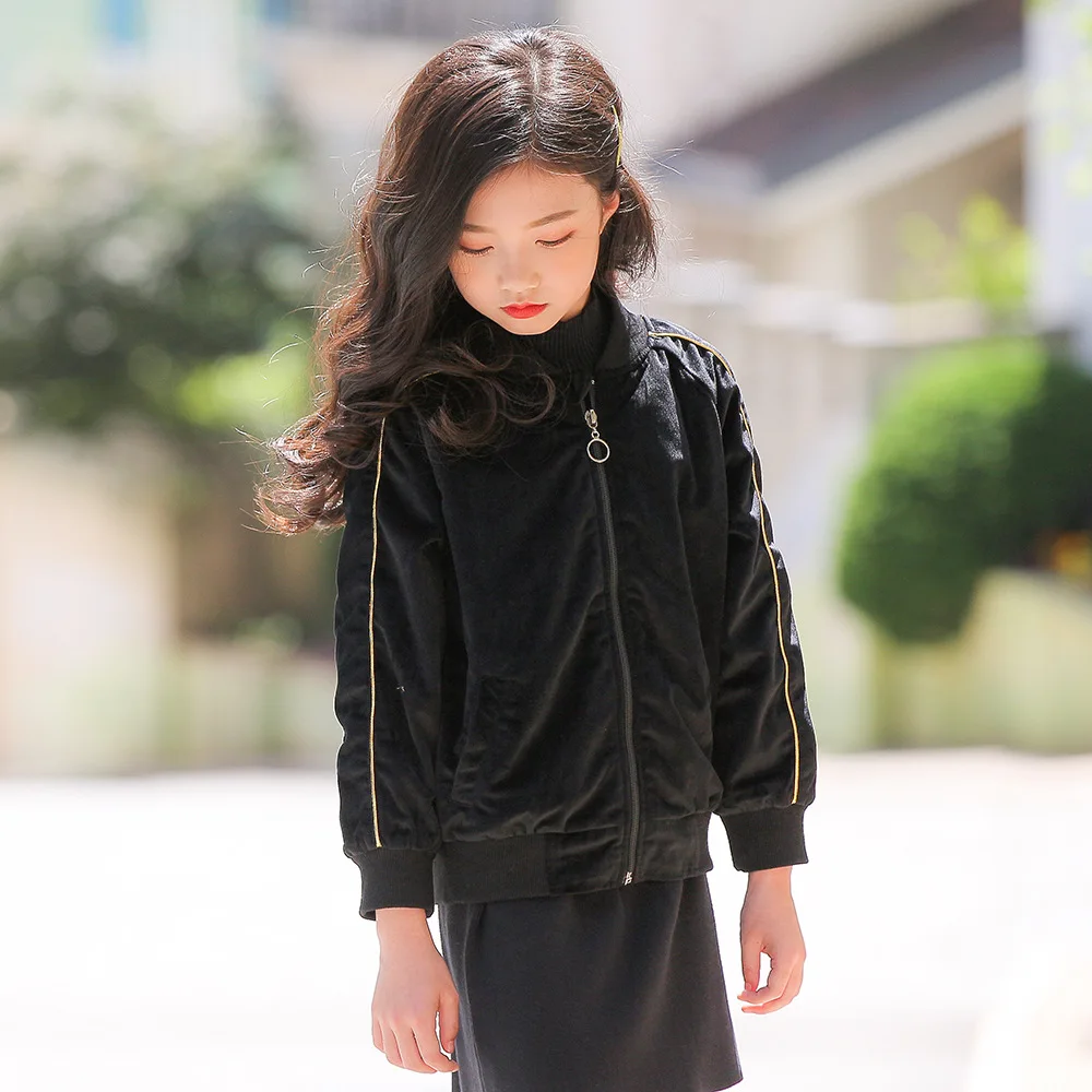 kids &amp teenager girls long sleeve black velvet casual fall winter bomber jacket coat children fashion velour outerwear clothing | Детская
