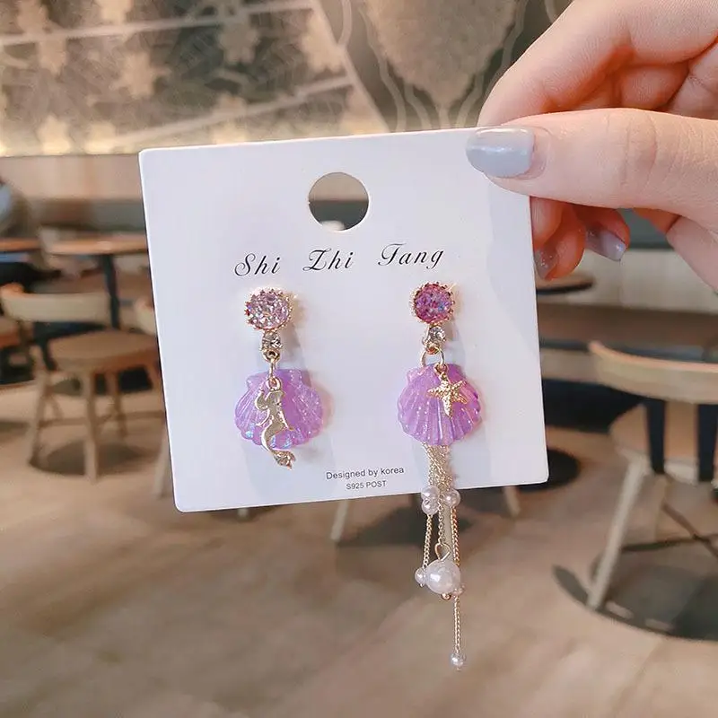 New Arrival Shell Trendy Women Dangle Earrings Asymmetric Long Tassel Earrings Female Jewelry Korean Pearl Earrings - Окраска металла: purple