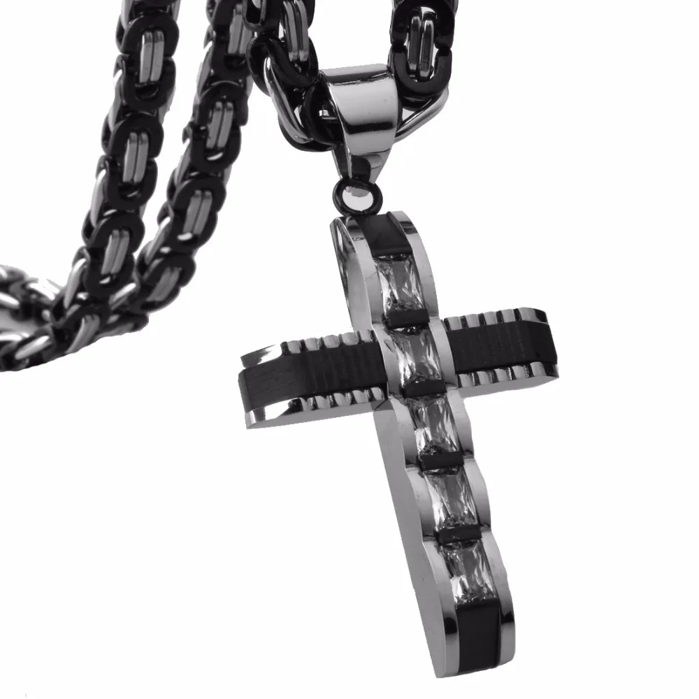 

Men/Women Silver-Black Color Crystal Cross Pendant Necklace Stainless Steel Byzantine Chain Necklace Jewelry