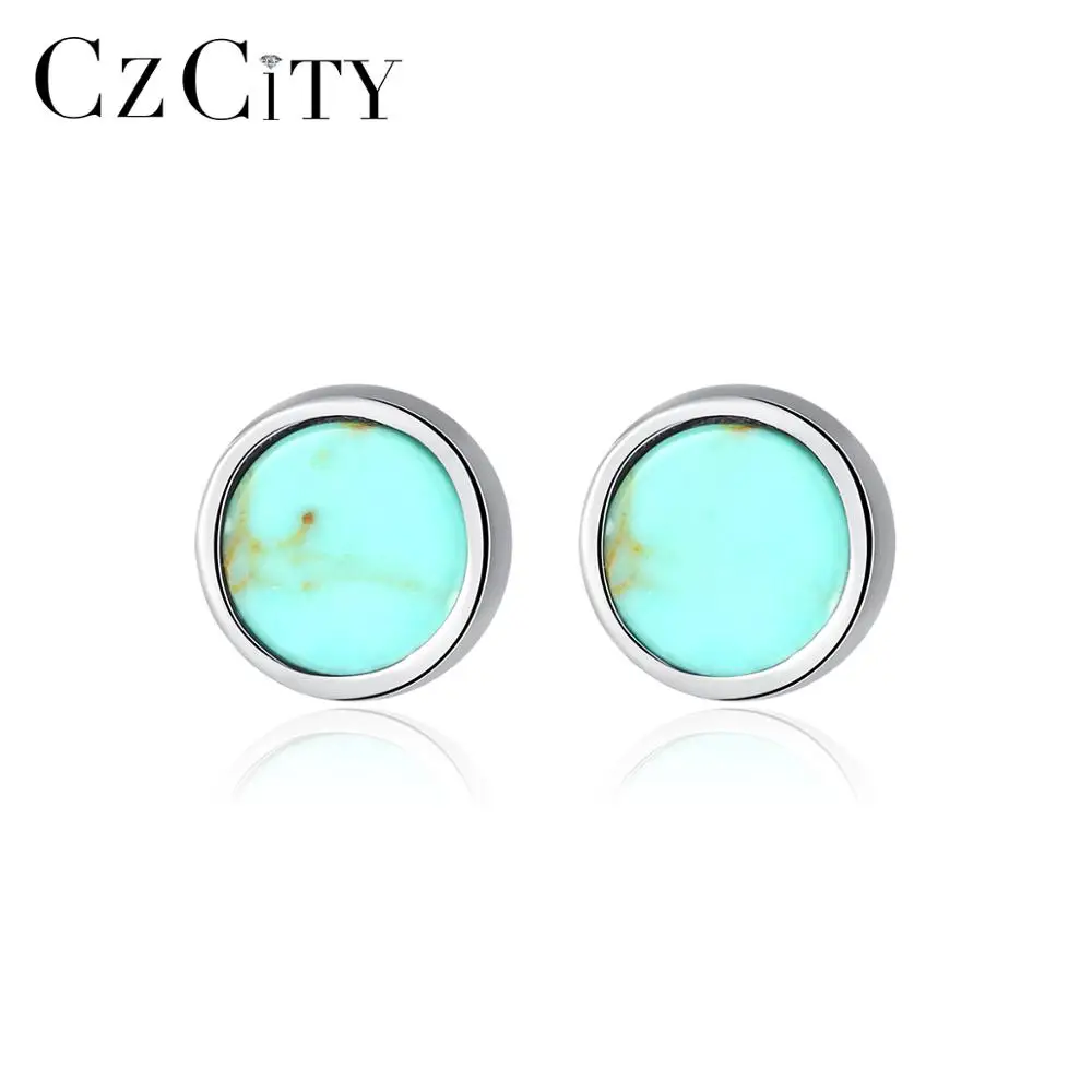 CZCITY, круглые бирюзовые серьги-гвоздики для женщин, юбилейные 925 пробы, серебряные ювелирные изделия, Букле д 'ореиль, женские подарки, SE0410