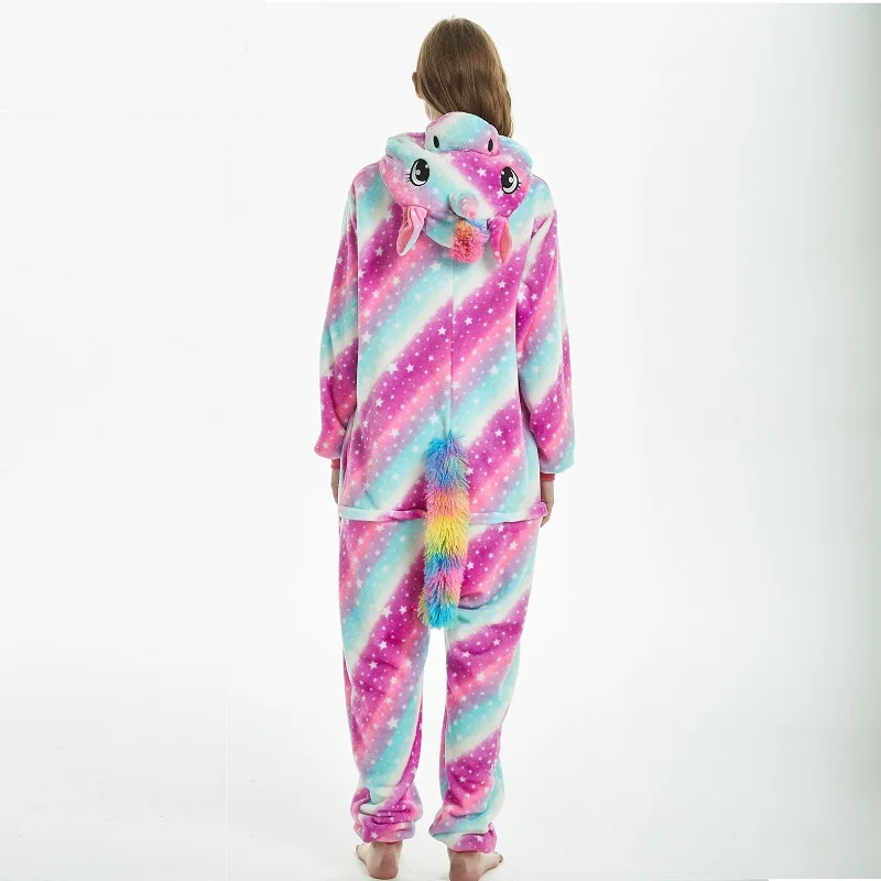 Glaxy Единорог кигуруми зима розовый полосатый Onesie для взрослых женщин мультфильм