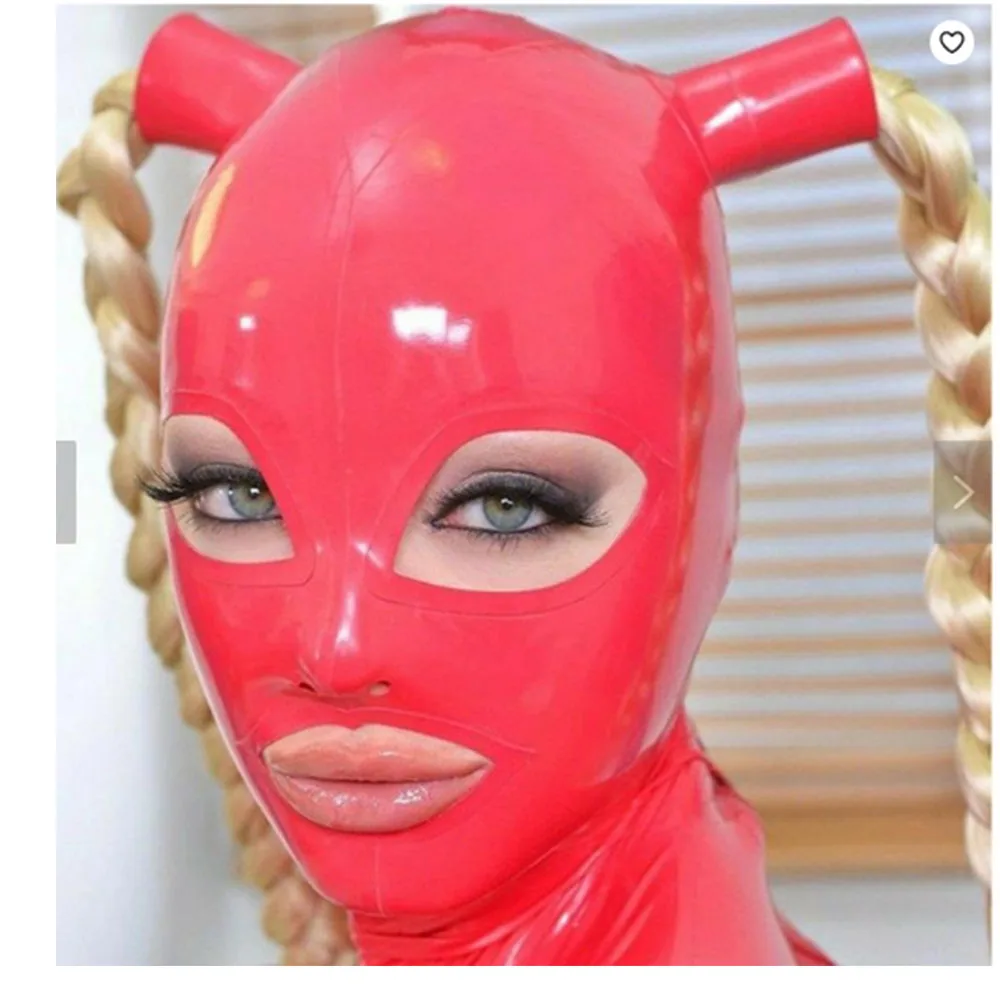 

Red mask 100%Latex Hood Mask Blue Eyes Rubber Hood with Zip on Back for Party