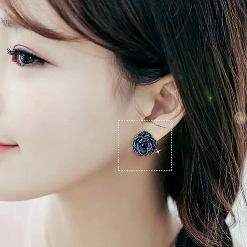 Женские винтажные серьги подвески с голубыми кристаллами в форме розы бижутерия