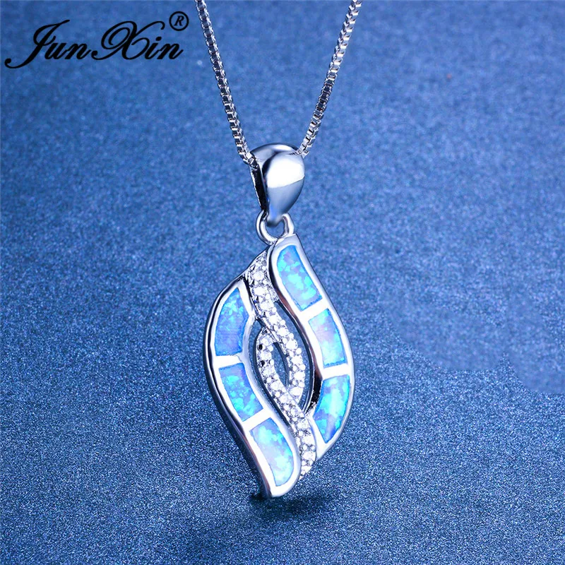 JUNXIN Plant Tree Leaf Pendant Blue White Fire Opal Necklaces For Women Silver Color Zircon Infinity Necklace Wedding Gifts | Украшения и