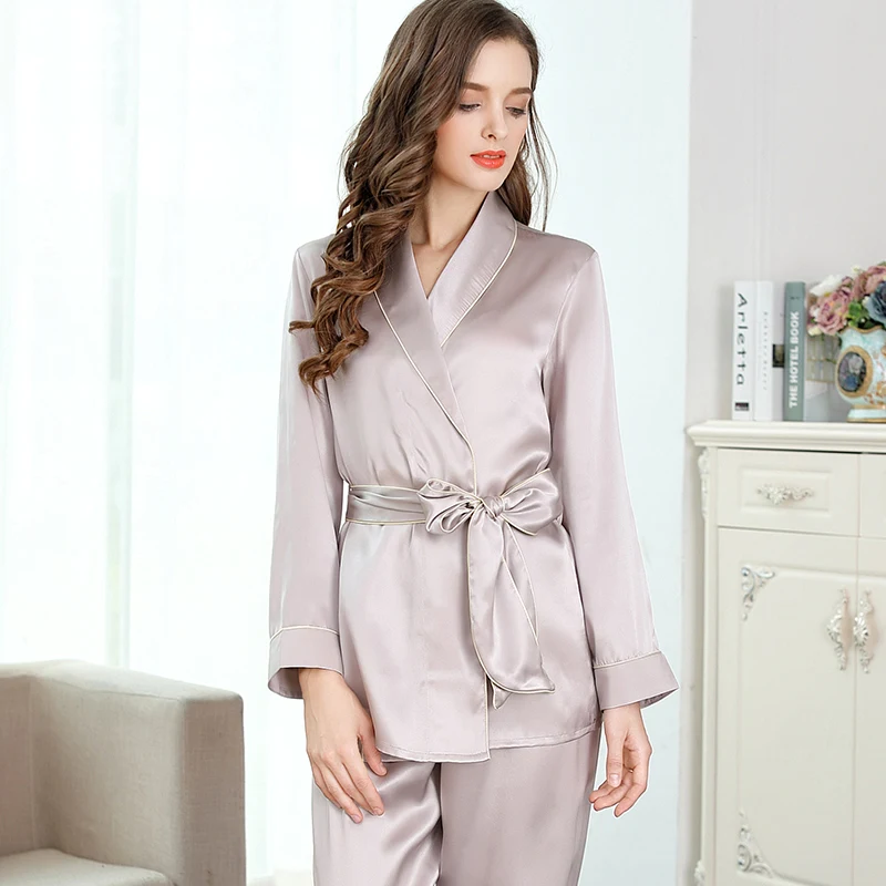 women's silk pajama sets 2019fashion brand 100% silk long sleeve spring women's sleep&lounge oversized pink pajama set female